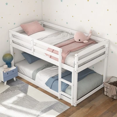 Twin over Twin Low Bunk Bed with Guardrails Integrated Ladder Kids Wooden White - Image 1 of 4