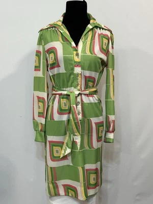 Vtg 60's Mod Mini Dress Geometric Print Funky Green Pink Long Sleeve Leslie Fay - Image 1 of 4