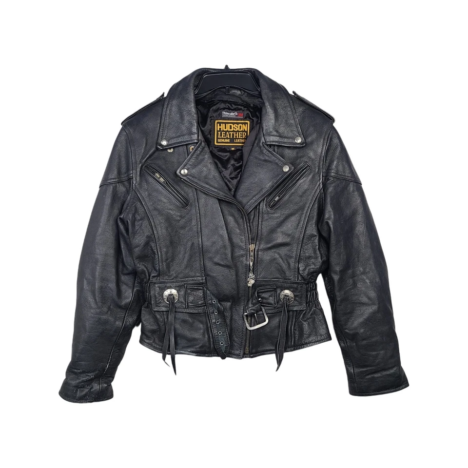 Chaqueta de motociclista de cuero Hudson de colección años 70 para mujer M negra con cinturón asimétrico  Foto 1 de 4