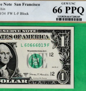 $1 Federal Reserve note FANCY FLIPPER Serial Numbers 60666019 PCGS 66 - Picture 1 of 3