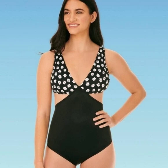 Beach Betty Slimming Control Cut out Black Floral Swimsuit Size XL