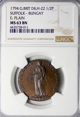 1794 Britain Suffolk Bungay Bigods Castle Halfpenny Conder Token DH-22 NGC MS-63 - Image 1 of 3