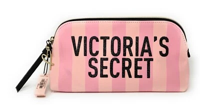 Bolso sin asas Victoria's Secret rosa firma maquillaje cosmético a rayas Foto 1 de 3