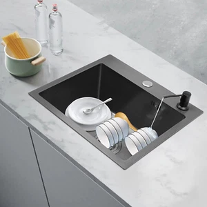 Black Kitchen Sink Undermount Drop-in Single Bowl Stainless Steel Black 40X45cm - Picture 1 of 13