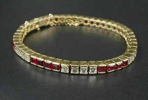 14K Yellow Gold Finish 8.0Ct Princess Cut Ruby & Diamond Women's Tennis Bracelet - Picture 1 of 6