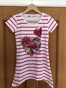 Desigual Long T-shirt Girls Heart Sequins Stripe Size 11/12 Ages - 100% Cotton - Picture 1 of 6