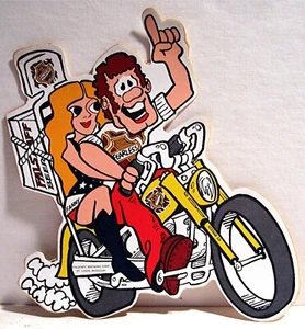 Falstaff Beer Fearless + Fanny Cruising on Motorcycle Sticker Old Store Stock - Picture 1 of 1