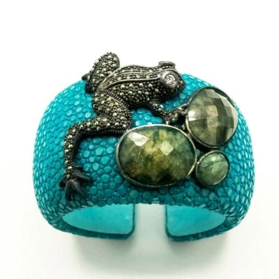 Armreif  Rochen Türkis  FROSCH  Achate Markasit & Emaille 925er Silber - Bild 1 von 4