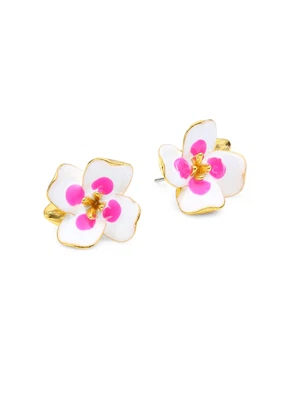 KENNETH JAY LANE,  WHITE & PINK ENAMEL FLOWER STUD EARRING, CRYSTAL CENTER - Image 1 of 4