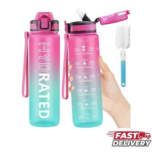 QLUR BPA Free Tritan Plastic Water Bottle With Time Marker To Drink & Straw 32oz - Picture 1 of 10