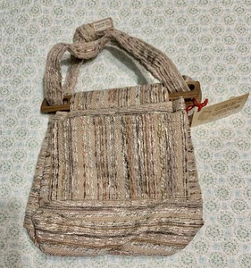 Handarbeit geflochten Handtasche Holzgriffe Erdtöne Steppfutter NEU Boho - Bild 1 von 6