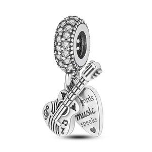 MULA New Guitar Heart Pendant DIY Charm CZ Fit Women Bracelet 925 SterlingSilver - Picture 1 of 6