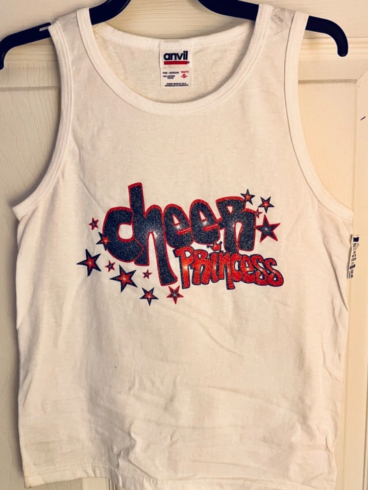"CHEER PRINCESS" GLITTER GRAPHIC GIRLS SMALL WHITE COTTON TANK BEACH COVER UP  S - Image 1 of 4