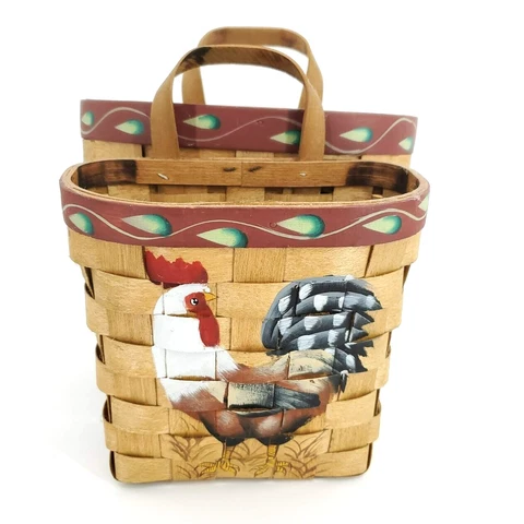 Set of 2 Hand Painted Rooster Basket Small & Large Woven Hanging Farmhouse Decor Cover