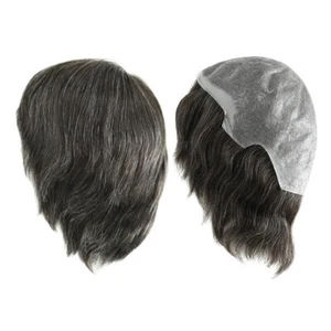 Mens Human Hair Full Head Wigs Thin Poly Skin Wig Medium Size 6'' #1B30 - Picture 1 of 8