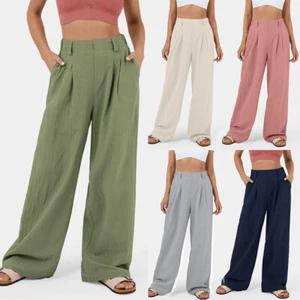 Womens Office Loose High Waist Wide Leg Long Pants Solid Casual Palazzo Trousers - Picture 1 of 30