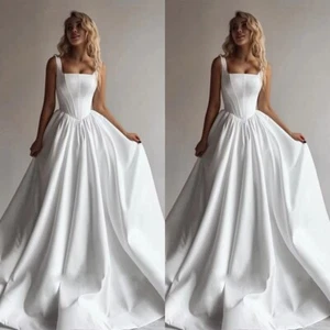Elegant Wedding Dresses Square Neck A-line Satin Ruched Beach Bridal Gowns - Picture 1 of 8