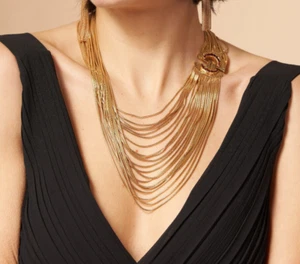 Golden 14K Multi-Strand Bib Necklace Statement Luxury Jewelry Art Déco - Picture 1 of 9
