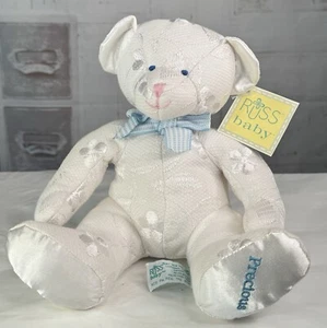 Russ Baby weißer Teddybär mit Blumenstickerei blaue Schleife kostbar zu Fuß neu mit Etikett - Bild 1 von 18