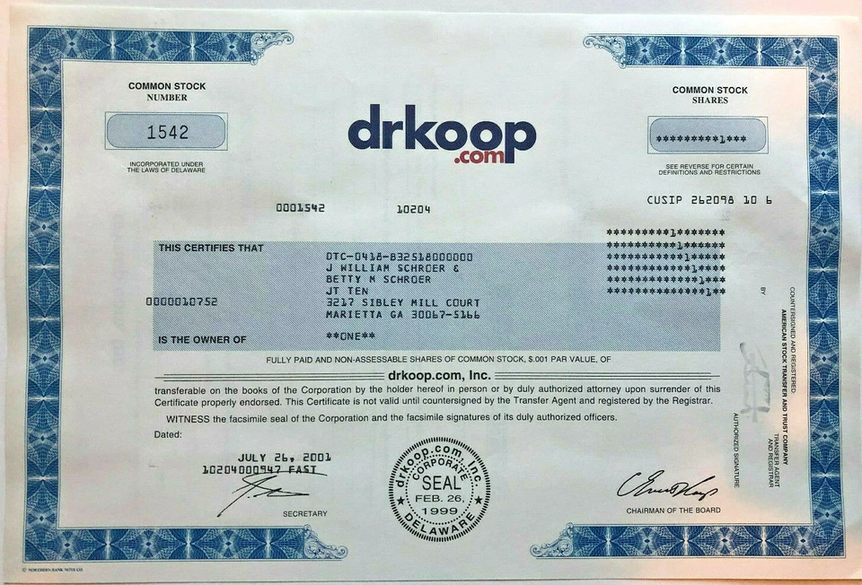Dr. Koop dot com 2001 certificado de stock de Internet temprano Foto 1 de 1