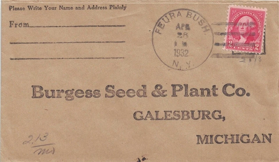 1932 Feura Bush, New York 4-bar cancel on a Burgess Seed & Plant Co. Cover - Image 1 of 1