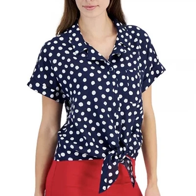 Charter Club 100% Linen Luxury Navy Blue White Polka Dot Tie Front Shirt Size L - Image 1 of 4