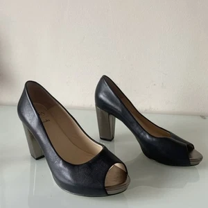 Mary&Clarkes Black/gold Leather Peep Toe Court Shoes Size 5 - Picture 1 of 5