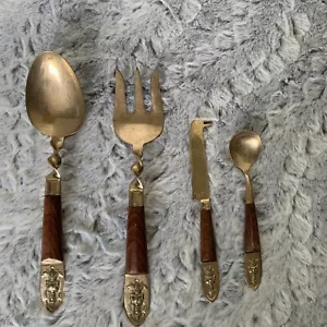 Vintage Mid Century Thai/Siam 4 piece serving set -Brass And Wood / Buddha - Picture 1 of 2