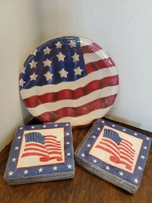 American Flag USA July 4th Patriotic Paper Beverage Napkins Plates Set of 3 - Image 1 of 4