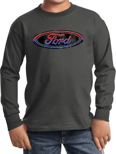 Kids Ford Oval T-shirt Distressed Logo Youth Long Sleeve - Picture 1 of 13