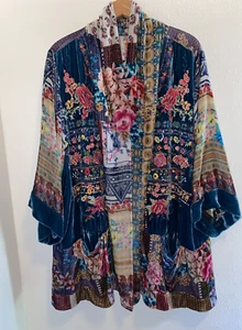 Johnny Was Boho C44818-8X Teal Velvet Silk Embroidered Kimono Duster Size 2X - Picture 1 of 10