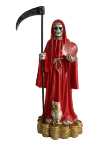 Santa Muerte Con Dinero 13" Inch Holy Death Grim Reaper Red Dress Money Stand - Picture 1 of 2