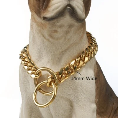 Collar de perro cadena Miami de acero inoxidable tono dorado de 10/12/14/16 mm para perros S,M,L Foto 1 de 4