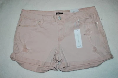 Jr Womens PEACH / ROSY BEIGE DENIM SHORTS Low Rise CUFFED Distressed Torn 11/12 — 第 1/2 张图片