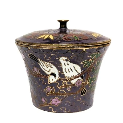 Caja de pastillas de tabaco opio esmalte latón pájaros Cloisonne chinos vintage 1 3/4" Foto 1 de 4