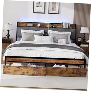Marco de cama con plataforma de metal tamaño con 2 cajones de almacenamiento, luz LED, terciopelo king - Imagen 1 de 7
