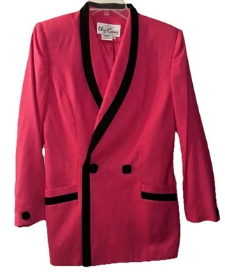 Blazer Esmoquin De Colección Oleg Cassini Rosa Caliente Negro Almohadillas para el Hombro Barbiecore Años 80 Talla 8 Foto 1 de 4