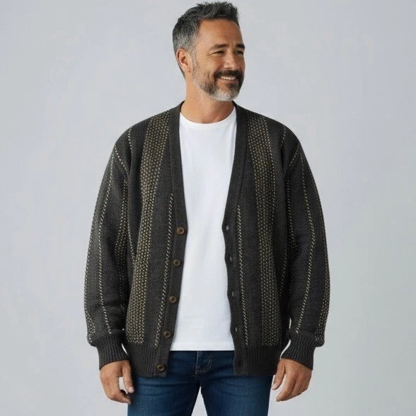 Cardigã masculino JOHN ASHFORD suéter tamanho G feito na Itália malha cinza carvão - Imagem 1 de 4