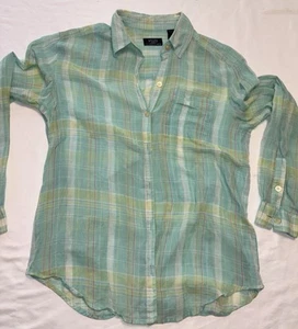 Crazy Horse Womens Thin Cotton Button Blouse Light Green Plaid sz Medium - Picture 1 of 5