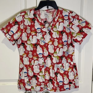 Peaches Women Scrub Top Small Red Glittery Snowman All Over Short Sleeve V Neck - Picture 1 of 5