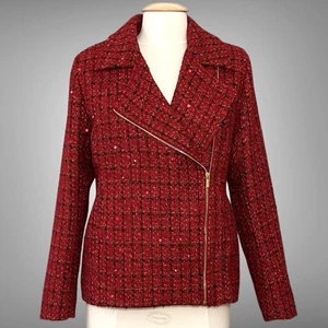 GRAVER Susan Graver Womens Jacket 8 Red Tweed Sequin Moto Retro Classic Career - Picture 1 of 15