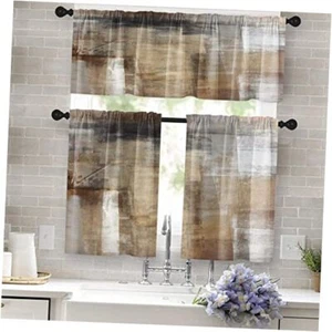Brown Kitchen Curtains Grey Beige Window Curtains W52 x L24 Abstract Brown - Picture 1 of 7
