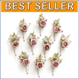 Stylish 10-Piece Dusty Rose & Berry Boutonniere Set – Perfect for Occasions - Picture 1 of 8