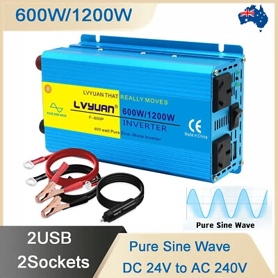 600W 1200W 24V to 240V Pure Sine Wave Power Inverter w/ 2USB 2Sockets Camping AU - image 1 of 4