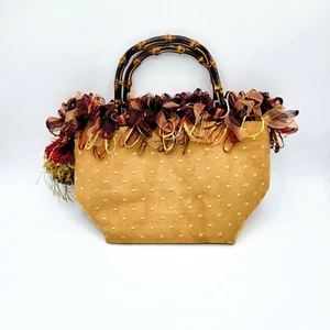 Lula Belle Gold And Red Fabric Ruffled Loop Ribbon Trim Purse Bag Bamboo Handles - Picture 1 of 3