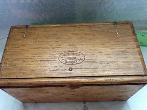 Old wooden oak sewing box puzzle patented 1889 feb.19 attachments Cover