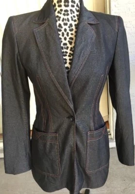 Jaqueta Blazer Escada Vermelha Amarela Costuras Forrada Cinza Metálico Tamanho 34 / EUA 4 - Imagem 1 de 4