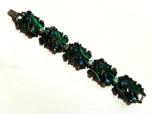 Vintage Florenza Green Glass Rhinestone Bracelet 7.25" - Picture 1 of 9