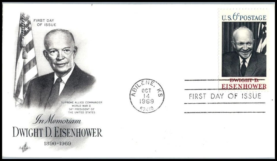 1969 Dwight D. Eisenhower 6c Sc 1383 FDC ArtCraft cachet Abilene KS - Image 1 of 1