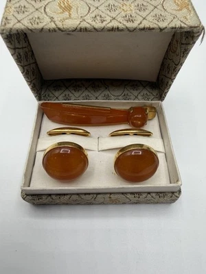 Juego de Gemelos y Clip de Corbata Ámbar Vintage URSS Era Soviética Tono Dorado con Caja Foto 1 de 4